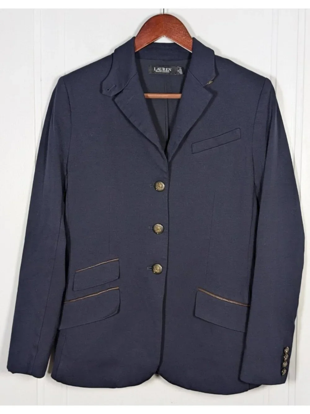 Lauren Ralph Lauren Ponte Blazer Womens Size 8 Leather Trim Blue Equestrian Coat